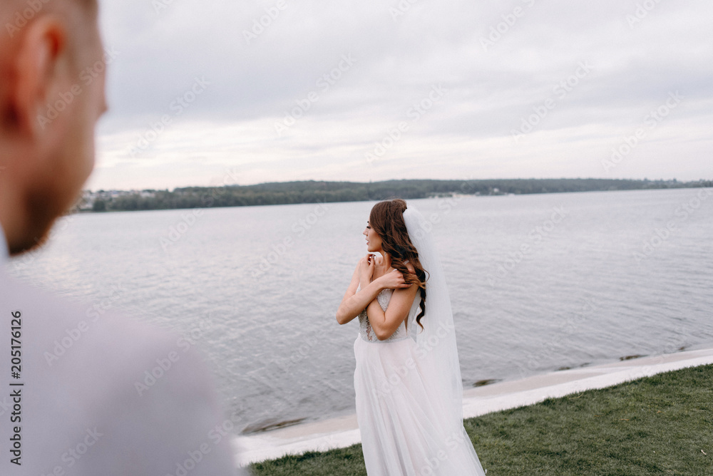 The bride and groom with a bouquet are happy together. An amazing couple on their wedding day are walking around the lake, hugging and enjoying each other. The bride and groom with a bouquet are happy together. An amazing couple on their wedding day are walking around the lake, hugging and enjoying each other.