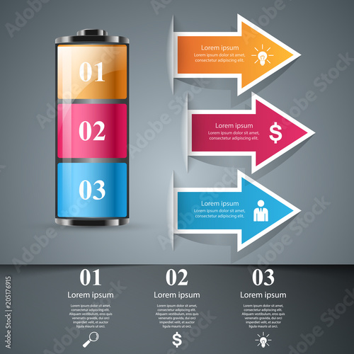 Battery icon on the grey background. Business Infographics origami style Vector illustration.