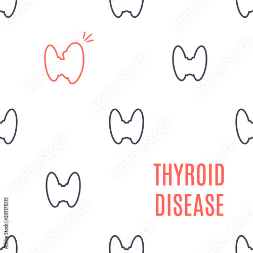 Thyroid gland disease poster. Pattern of healthy thyroid icons with one organ affected by the illness. Front view body anatomy sign. Human endocrine system. Medical symbol. Vector illustration.