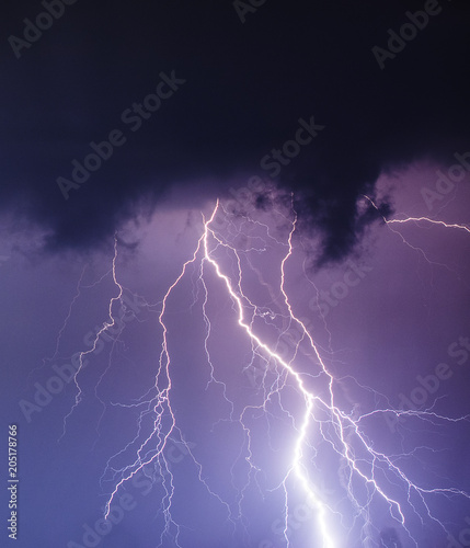 powerful lightning strikes over night sky