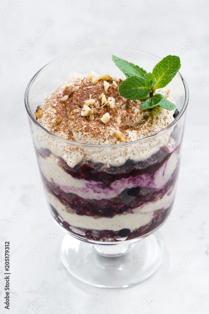 layered dessert with blueberries and cream, top view layered dessert with blueberries and cream, top view