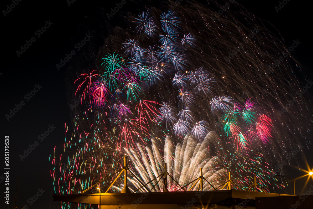 Fireworks festival celebration at Hakodate bay, Japan on every begining of winter season