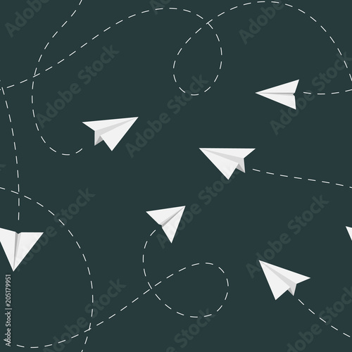 Paper plane seamless pattern. Wing dotted line track tileable background