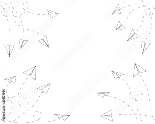 Paper planes and dotted lines corner frame background