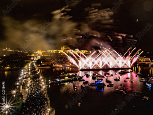 Firework in Prague during St. John Navalis 2018, spectacular performance on the Vltava river. photo