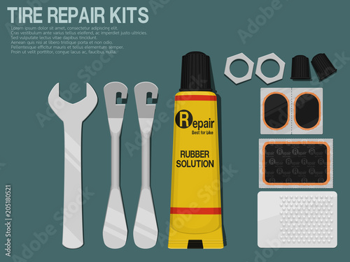 Set of Tire repair kits on blue background
