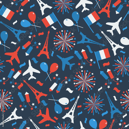 Bastille Day, Independence Day of France, symbols. Seamless pattern with symbol of celebration.
