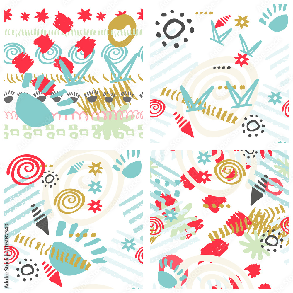 Set hand drawn scribbles seamless pattern
