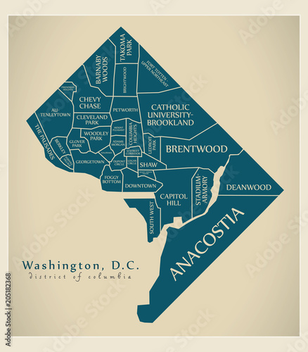 Modern City Map - Washington DC city of the USA with neighborhoods and titles