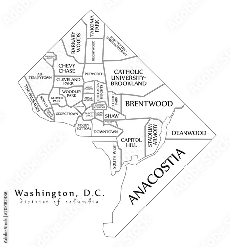 Modern City Map - Washington DC city of the USA with neighborhoods and titles outline map