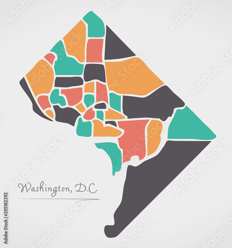 Washington DC Map with neighborhoods and modern round shapes
