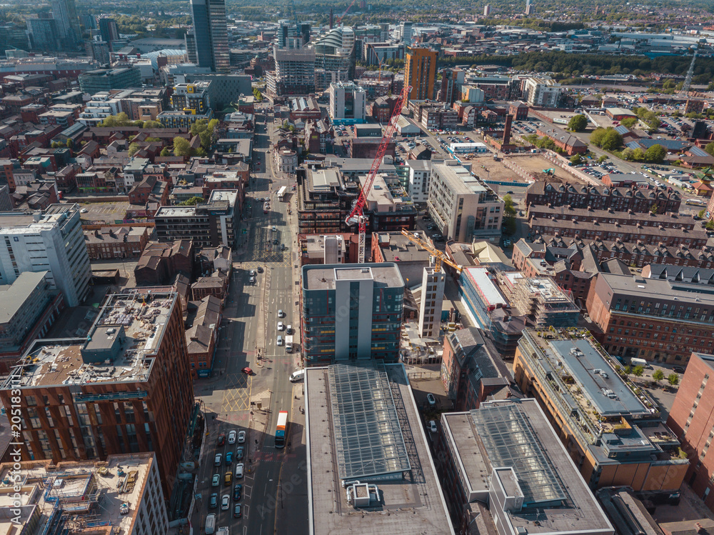 Obraz premium Aerial Drone Construction Work City Centre Building Apartments Crane High Rise 