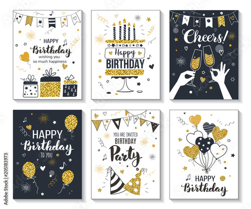 Foto Happy birthday greeting card and party invitation templates, vector illustration, hand drawn style, black and gold colors