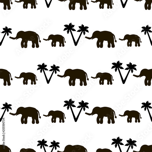 Seamless pattern with black elephants and their babies, palm trees on the white background.