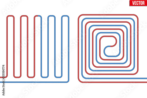Scheme of Underfloor heating. Floor heating system. Ways of installing pipes under cover. Vector Illustration isolated on white background.