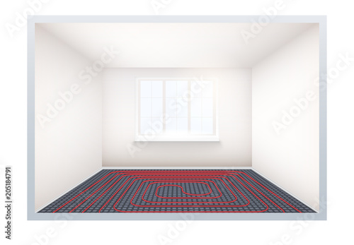 Empty room with heating floor and window. Simple interior without furnish and furniture. Floor heating system. Ways of installing pipes under cover. Vector Illustration