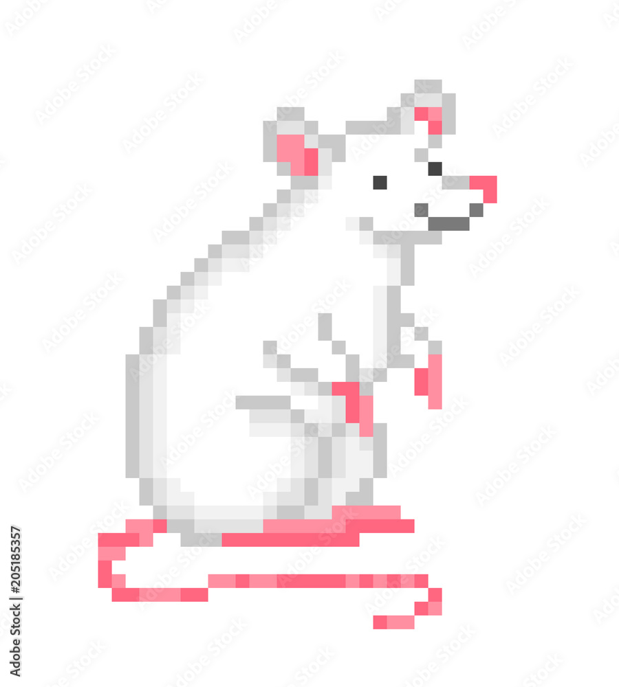 Old school 8 bit pixel art white mouse sitting on the ground isolated on  white background. Retro video/pc game animal character. Slot machine  graphics. Laboratory rat icon. Domestic pet rodent symbol. Stock