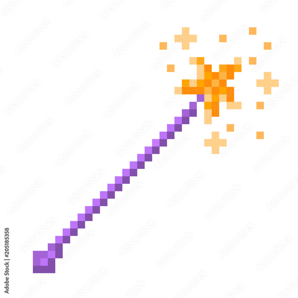 Violet magic wand with golden shining star and sparkles, pixel art icon isolated on white background. Make a wish, birthday card. Fairytale object. Wizard's stick. Imagination/miracle/fantasy symbol.