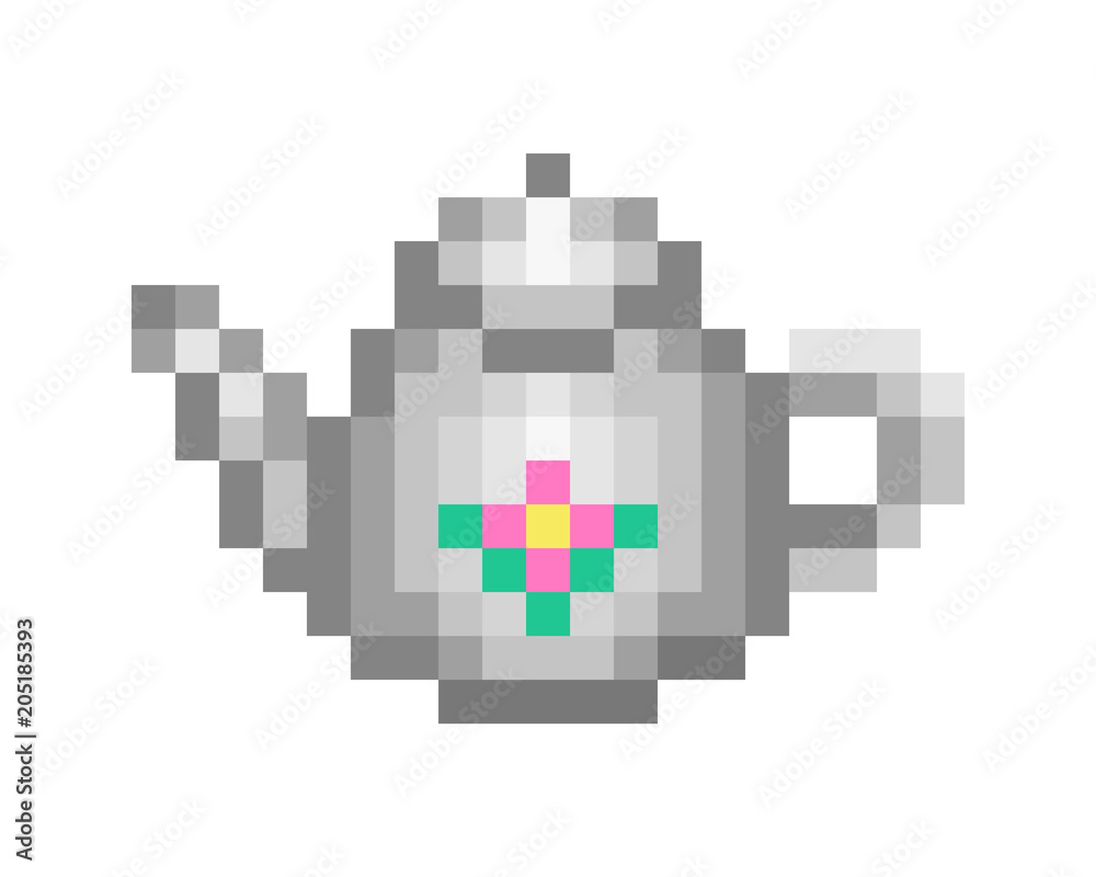 White vintage ceramic teapot with floral ornament, pixel art icon isolated on white background. Metal kettle, kitchen tableware. Breakfast teatime symbol. Hot drink menu logotype. Tea shop emblem.