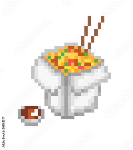 Chinese food box, pixel art icon isolated on white background. Noodles with vegetables, mushrooms, meat and soy sauce bowl. Chinese cuisine restaurant logo. Takeaway fast food. Asian product delivery.