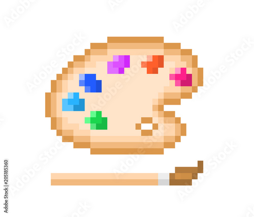 Wooden color palette with colorful oil paint and paintbrush, pixel art icon isolated on white background. Professional painting tools. Art class emblem. Symbol of creativity. Craft studio logotype.