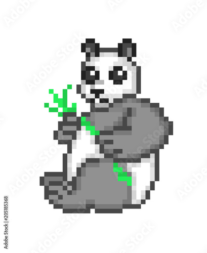 Fototapeta Naklejka Na Ścianę i Meble -  Giant panda bear holding bamboo in paws, pixel art cartoon character isolated on white background. Chinese endangered species symbol. Zoo/wildlife animal icon. Retro 80s, 90s video/pc game character.