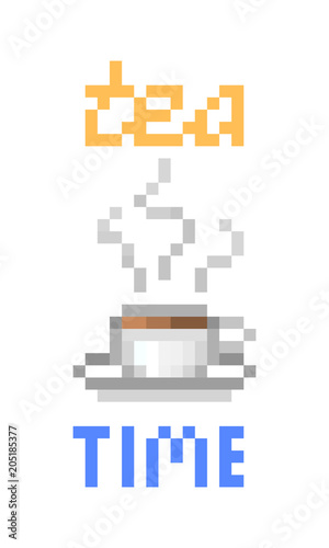 Tea time, pixel art print design isolated on white background. Tea to go sticker in 8 bit font. Hot beverage menu logo. Stylish poster template for cafe/restaurant/tea house/fast food place.