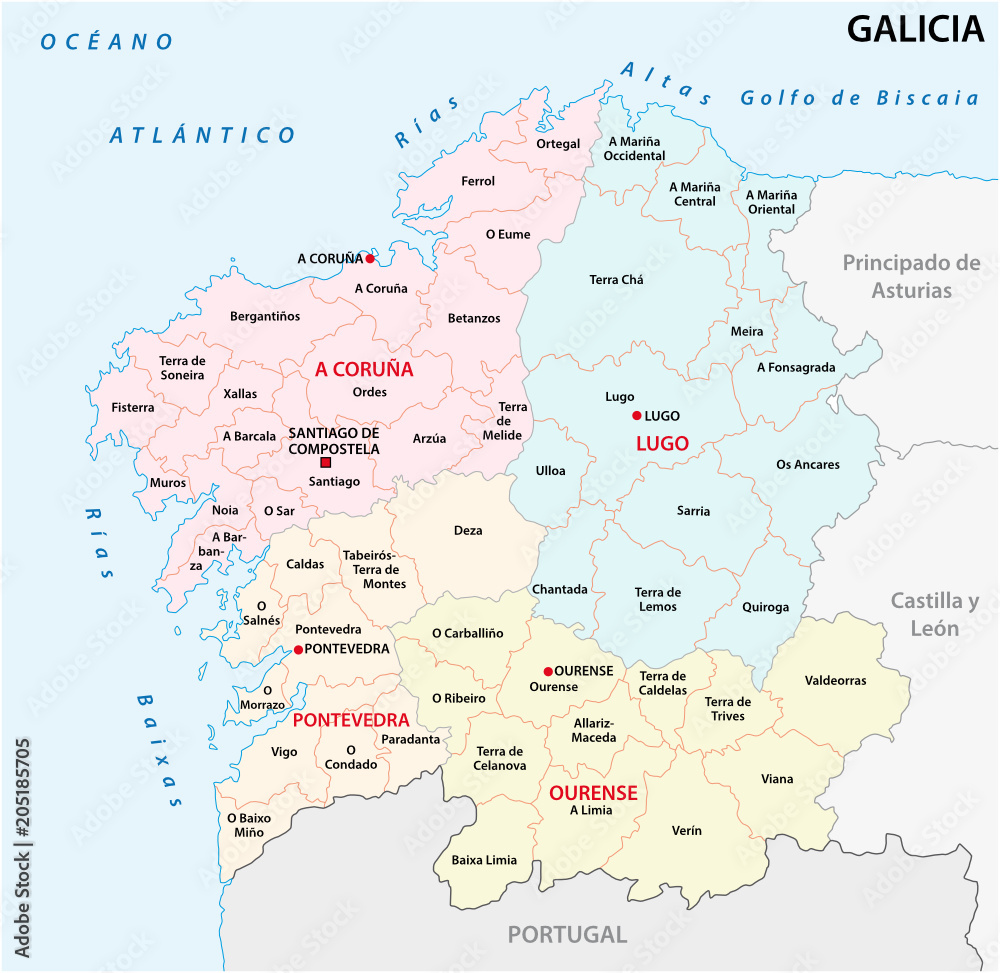 galicia administrative and political vector map, spain