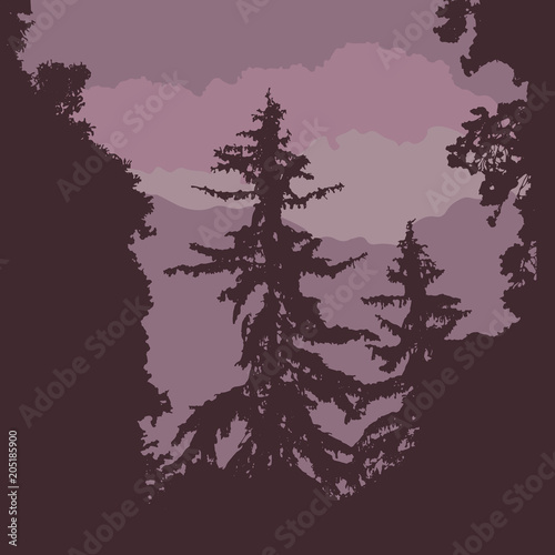 Vector silhouette of a forest with coniferous trees, under a purple sky with clouds