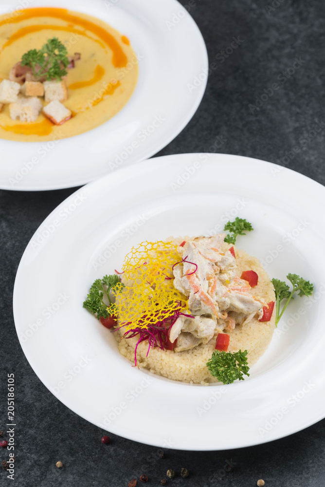 Complex dinner. Good serving of couscous cousins with meat and vegetables Complex dinner. Good serving of couscous cousins with meat and vegetables