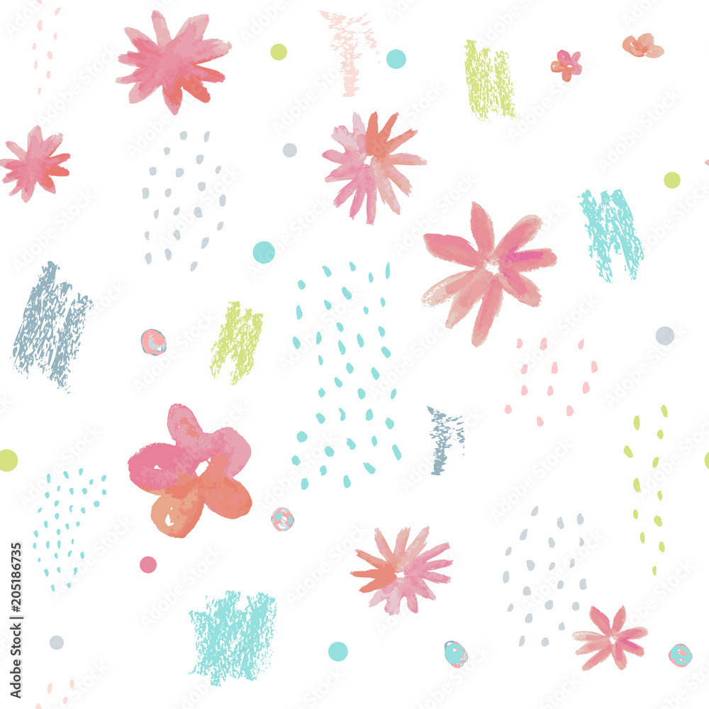 Modern vector abstract seamless geometric pattern with stylized flowers and leaves in retro scandinavian style.