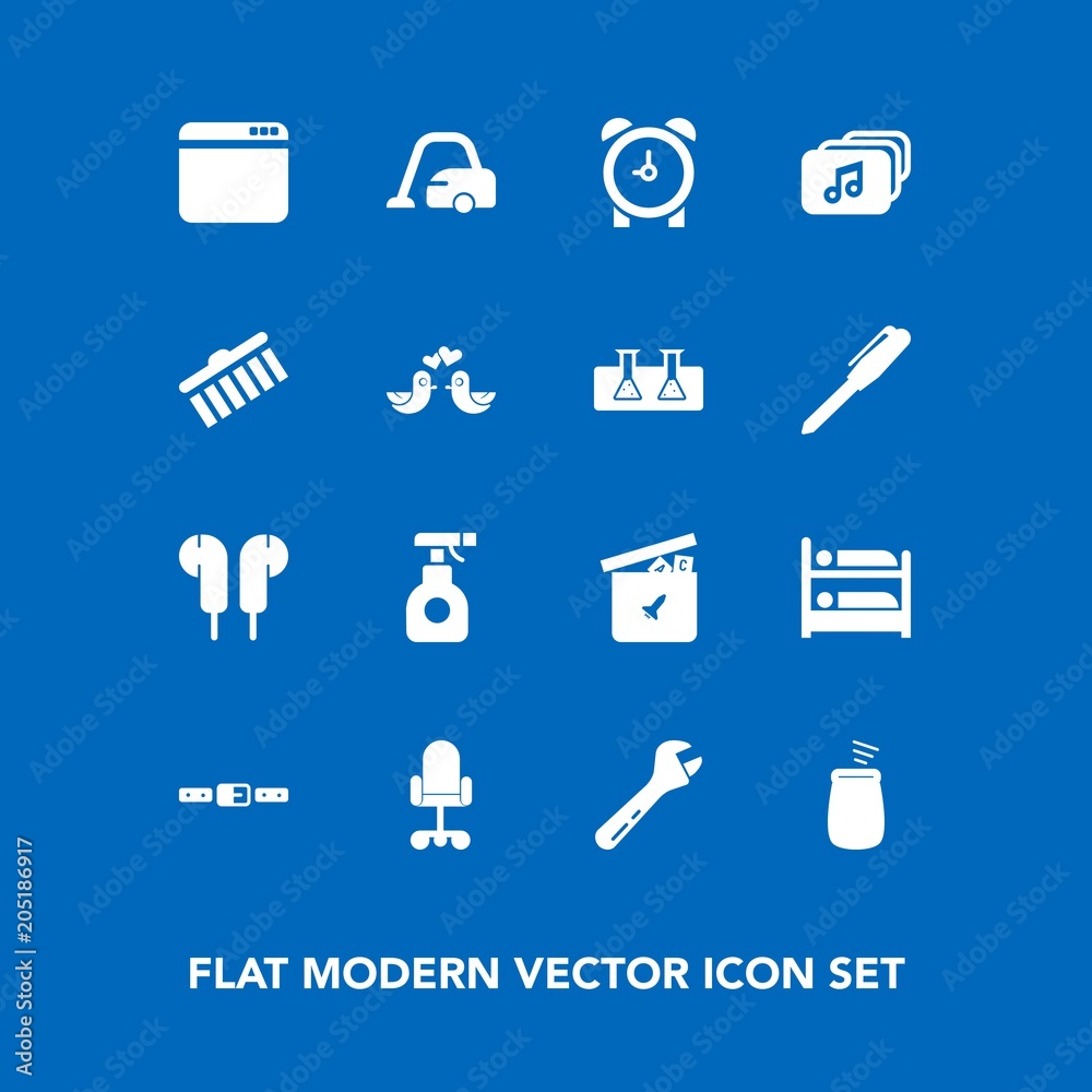 Modern, simple vector icon set on blue background with sprayer, home, internet, ball, vacuum, domestic, browser, toy, hostel, file, time, pesticide, hotel, belt, audio, chair, alarm, hour, love icons Modern, simple vector icon set on blue background with sprayer, home, internet, ball, vacuum, domestic, browser, toy, hostel, file, time, pesticide, hotel, belt, audio, chair, alarm, hour, love icons