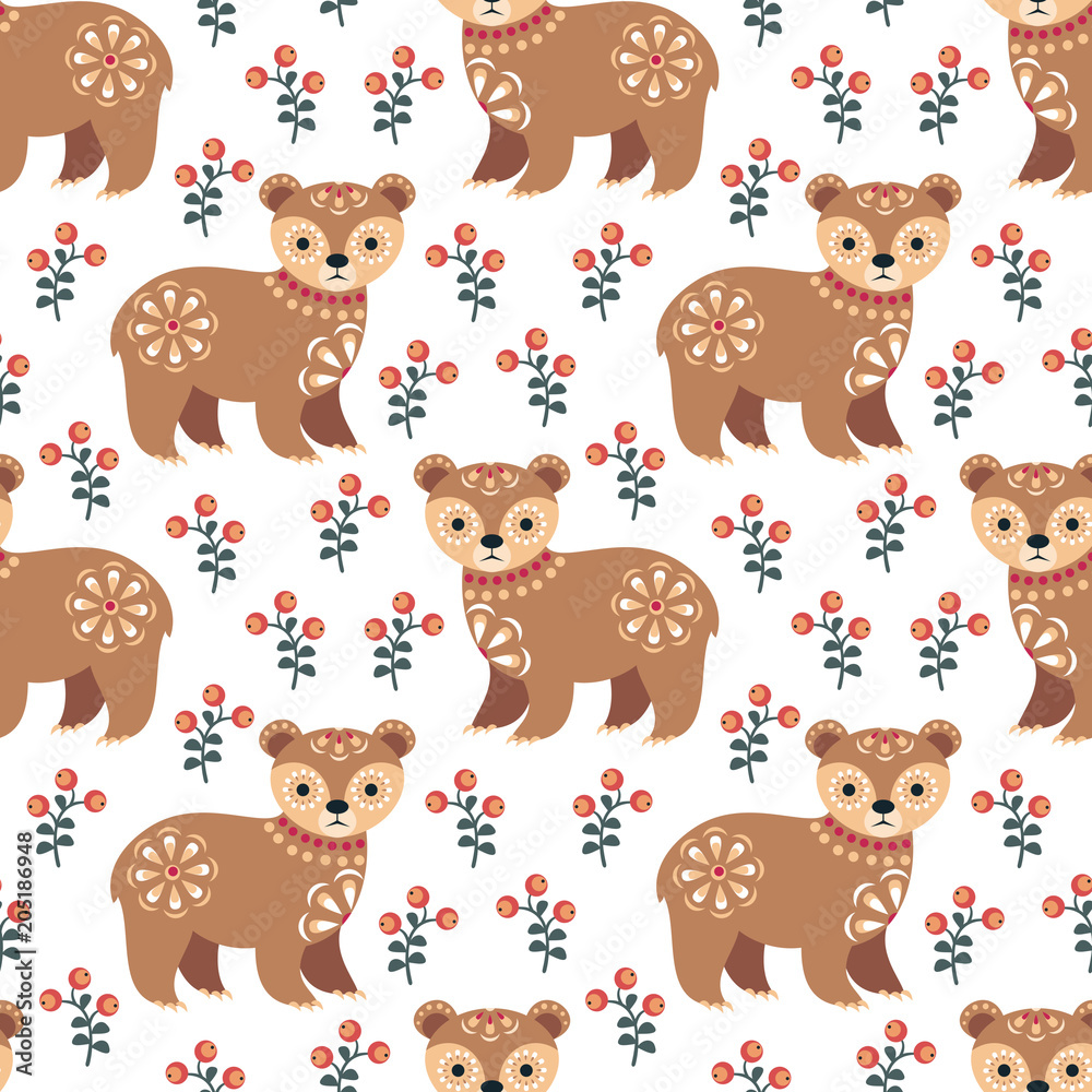 Obraz premium Decorative seamless pattern in folk style with bear. Colorful vector background.