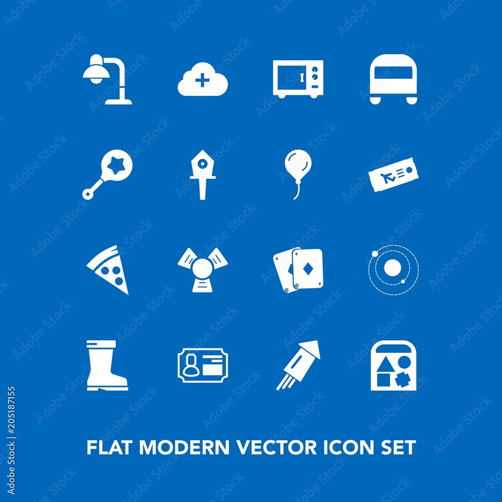Modern, simple vector icon set on blue background with transportation, style, celebration, add, leather, card, cloud, bear, firework, game, play, pizza, cooler, rattle, planet, cold, footwear icons Modern, simple vector icon set on blue background with transportation, style, celebration, add, leather, card, cloud, bear, firework, game, play, pizza, cooler, rattle, planet, cold, footwear icons