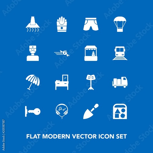 Modern, simple vector icon set on blue background with french, shorts, protection, cooking, audio, equipment, weather, play, key, truck, door, balloon, tool, white, kitchen, home, sound, fast icons