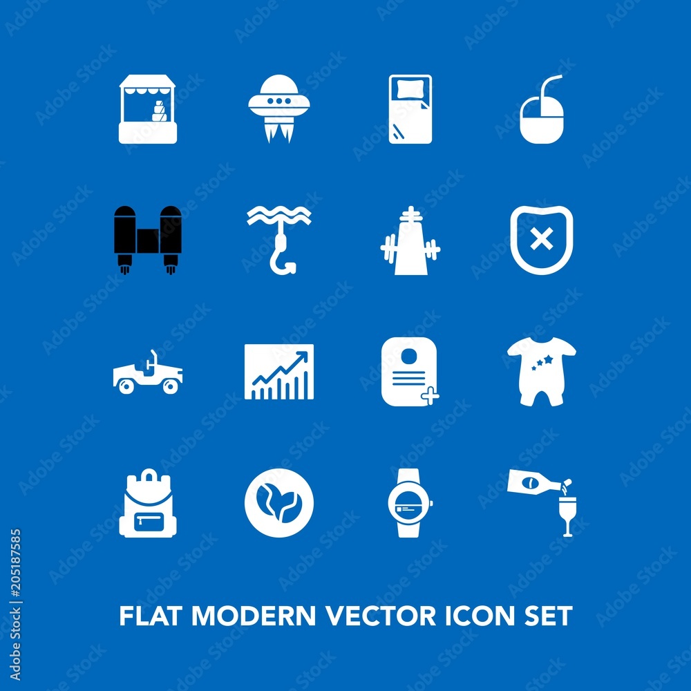Modern, simple vector icon set on blue background with space, vehicle, child, gadget, identity, mouse, baby, backpack, rocket, trend, coffee, grocery, computer, watch, graph, alcohol, school icons Modern, simple vector icon set on blue background with space, vehicle, child, gadget, identity, mouse, baby, backpack, rocket, trend, coffee, grocery, computer, watch, graph, alcohol, school icons