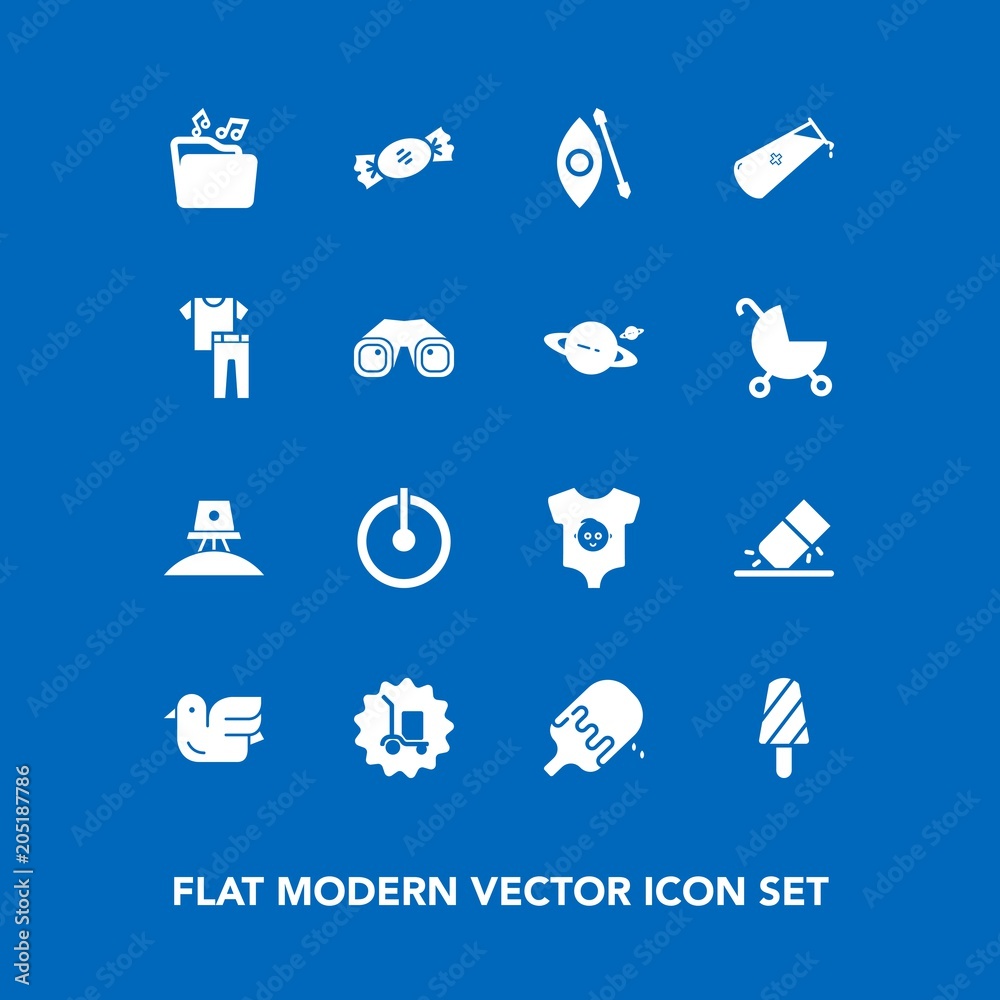 Modern, simple vector icon set on blue background with clothes, nature, clothing, switch, animal, space, activity, warehouse, river, food, fashion, rubber, power, science, off, cream, summer icons