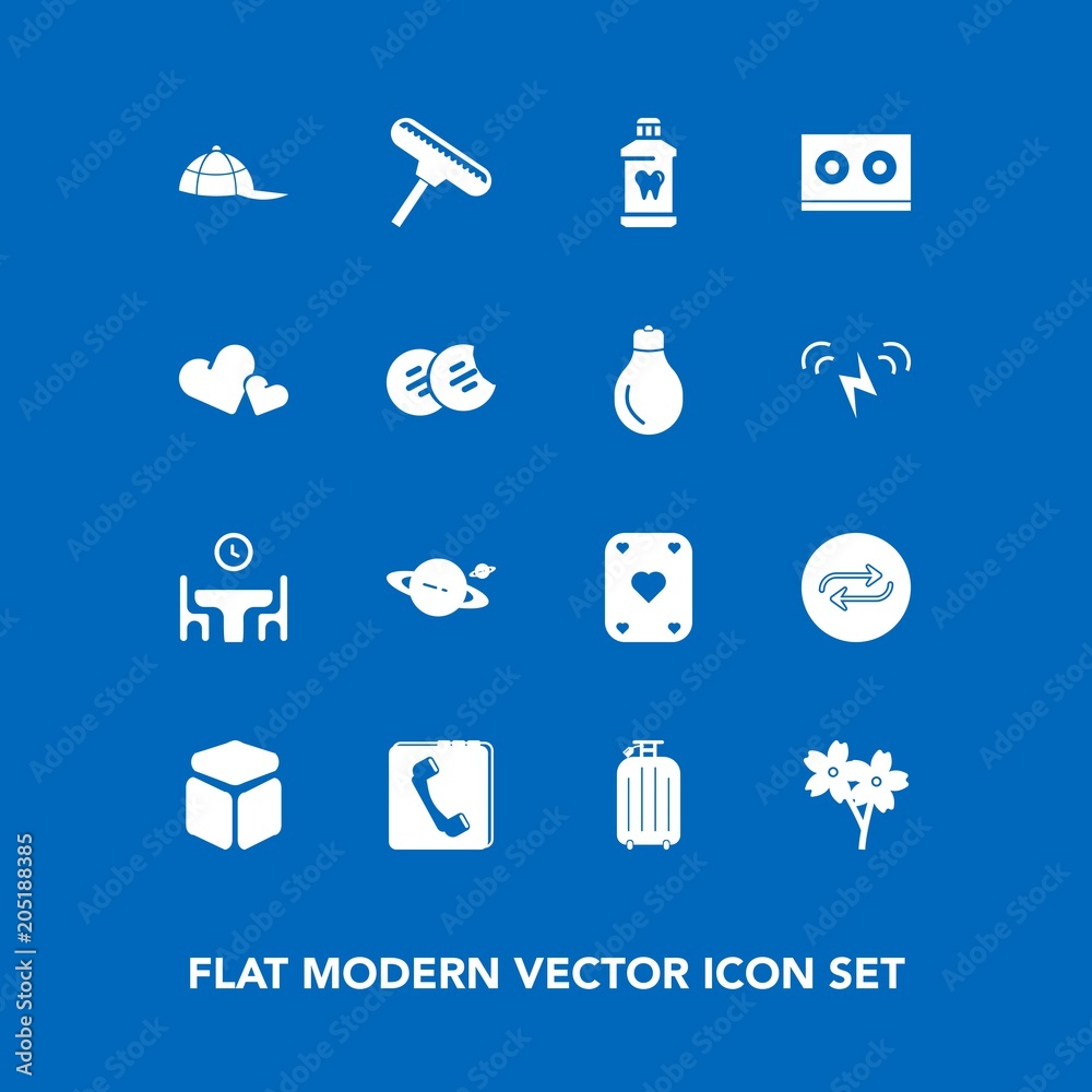 Modern, simple vector icon set on blue background with headwear, astronomy, table, phone, hat, replacement, cherry, replace, bag, substitute, travel, internet, cap, heart, sakura, roller, spring icons Modern, simple vector icon set on blue background with headwear, astronomy, table, phone, hat, replacement, cherry, replace, bag, substitute, travel, internet, cap, heart, sakura, roller, spring icons