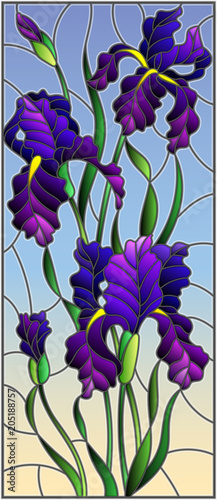 Fototapeta Naklejka Na Ścianę i Meble -  Illustration in stained glass style with purple bouquet of irises, flowers, buds and leaves on sky  background