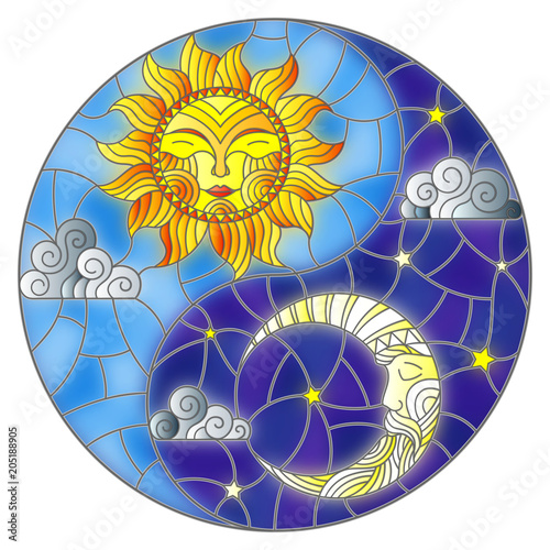 Illustration with sun and moon on sky background in the form of Yin Yang sign, circular image
