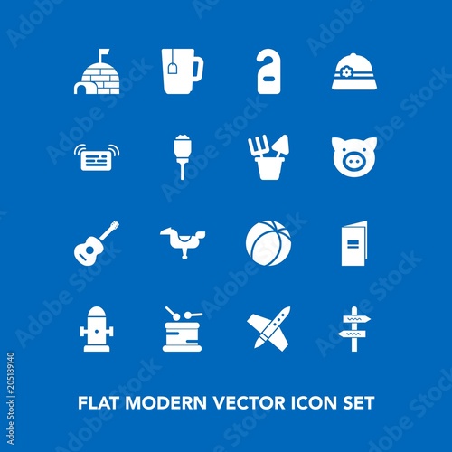 Modern, simple vector icon set on blue background with horse, label, ice, brochure, play, department, drink, space, igloo, tea, rocket, instrument, white, arrow, way, motel, business, musical icons