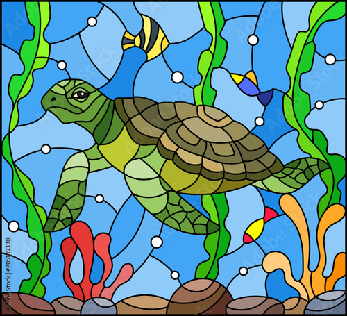 Illustration in stained glass style with sea turtle on the seabed background with algae, fish and stones photo