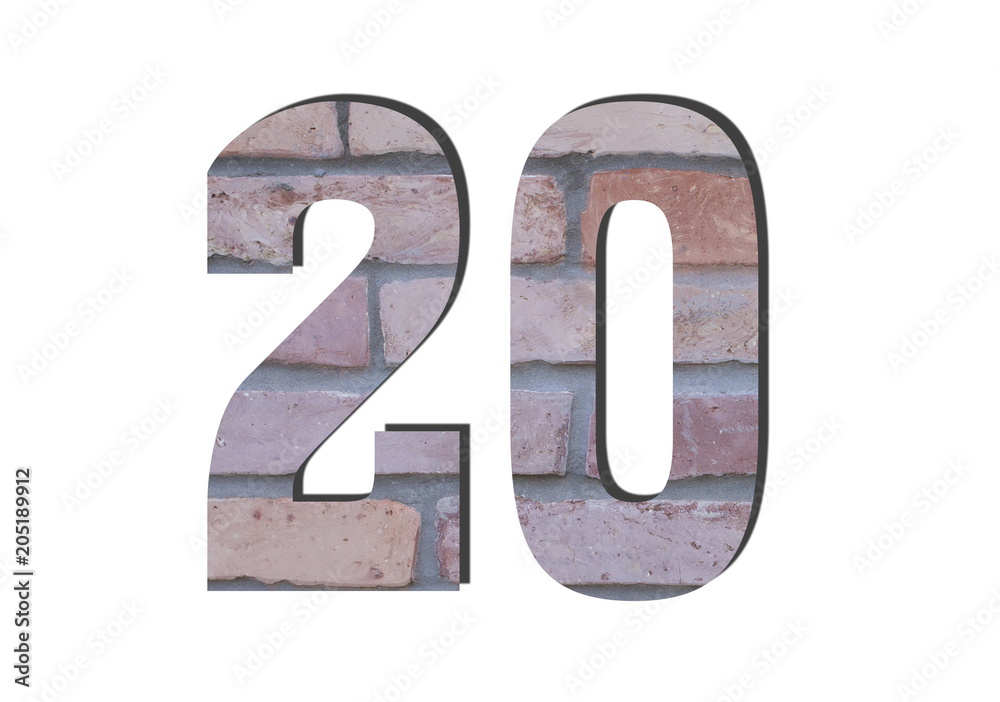 20 Number. Decorative red brick wall texture. English style. White isolated 20 Number. Decorative red brick wall texture. English style. White isolated