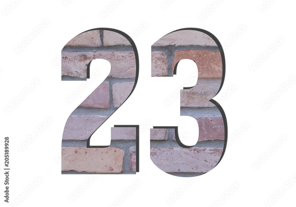 23 Number. Decorative red brick wall texture. English style. White isolated 23 Number. Decorative red brick wall texture. English style. White isolated