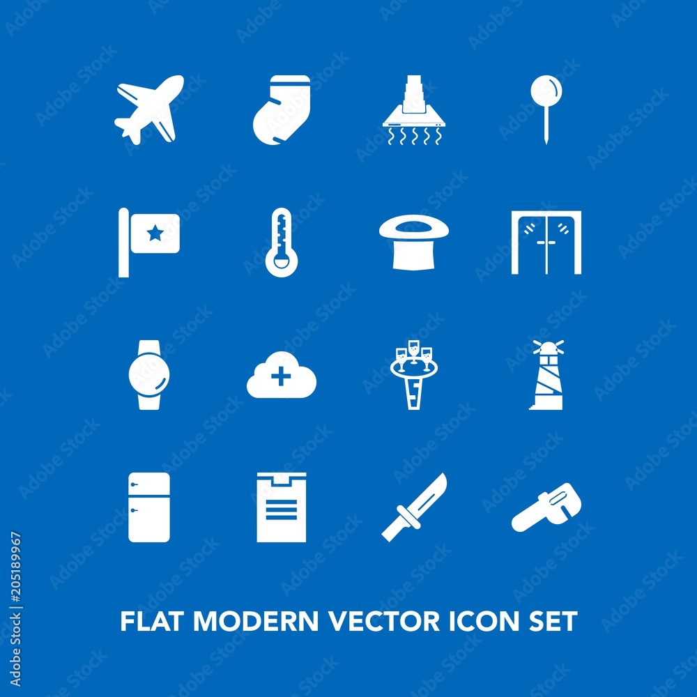 Modern, simple vector icon set on blue background with hammer, fork, hood, add, travel, shipping, drink, box, kitchen, gadget, cloud, flight, glass, clothes, liquid, cutlery, refrigerator, drop icons Modern, simple vector icon set on blue background with hammer, fork, hood, add, travel, shipping, drink, box, kitchen, gadget, cloud, flight, glass, clothes, liquid, cutlery, refrigerator, drop icons
