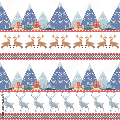 Decorative seamless pattern in folk style with deer. Colorful vector background.