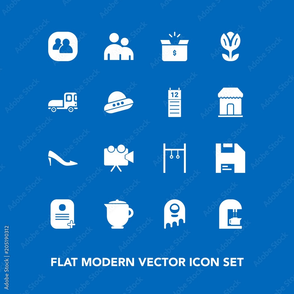 Modern, simple vector icon set on blue background with computer, exercise, shoe, equipment, flower, alien, drink, female, social, fiction, teapot, people, screen, group, nature, floral, pack icons Modern, simple vector icon set on blue background with computer, exercise, shoe, equipment, flower, alien, drink, female, social, fiction, teapot, people, screen, group, nature, floral, pack icons