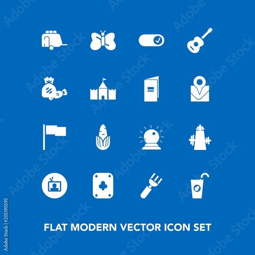 Modern, simple vector icon set on blue background with beauty, insect, lollipop, fork, sign, guitar, vegetable, restaurant, fresh, white, fruit, flag, dinner, sorcery, drink, television, sweet,  icons