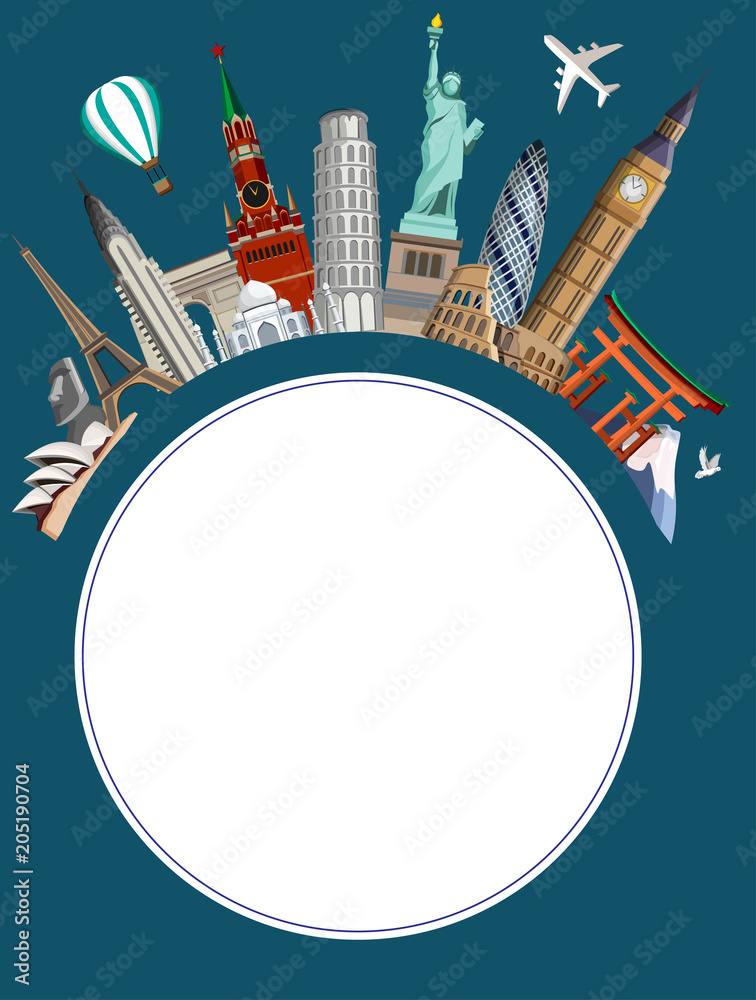 Round travel background with worldwide sights and plane.