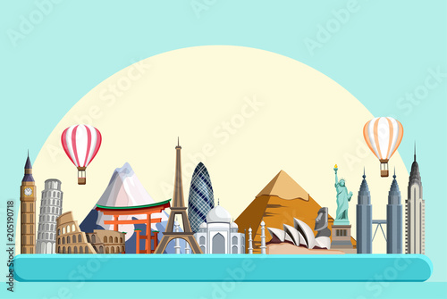 Blue travelling background with worldwide sights.